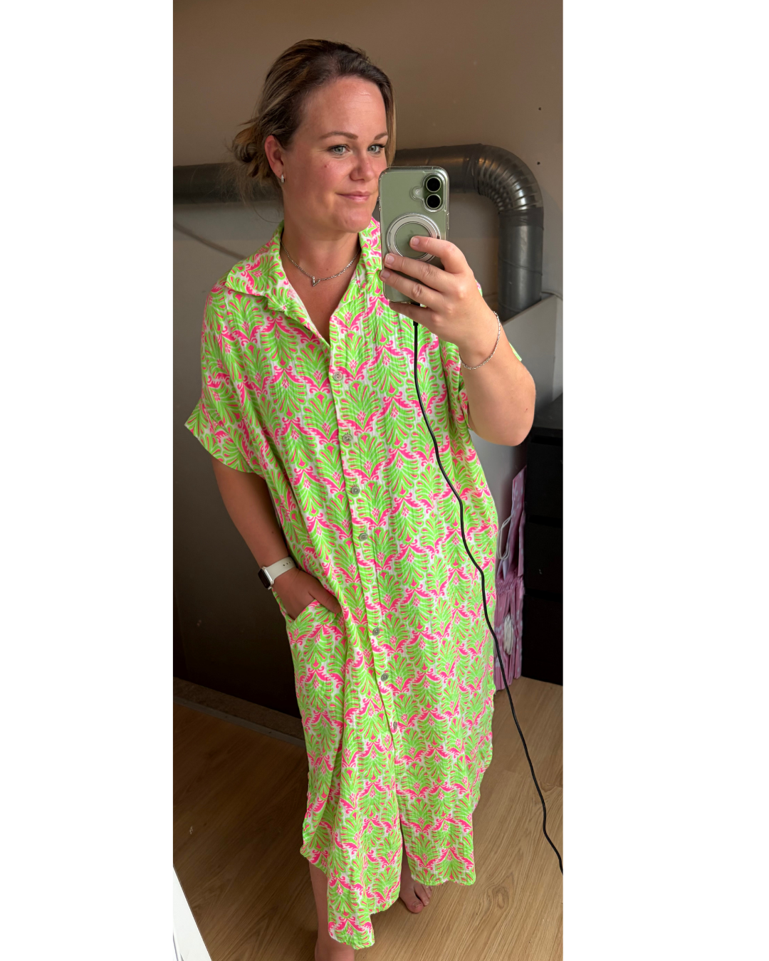 Jurk neon limegroen/roze